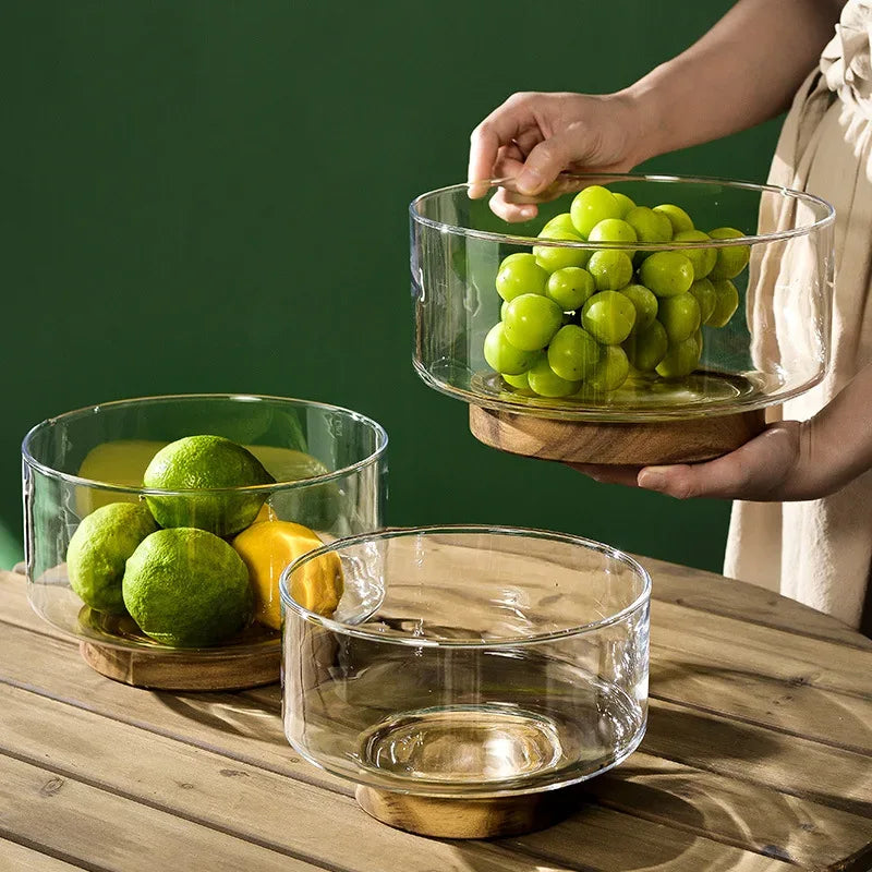 Japanese Style Glass Fruit Plate Holder with Wood Base