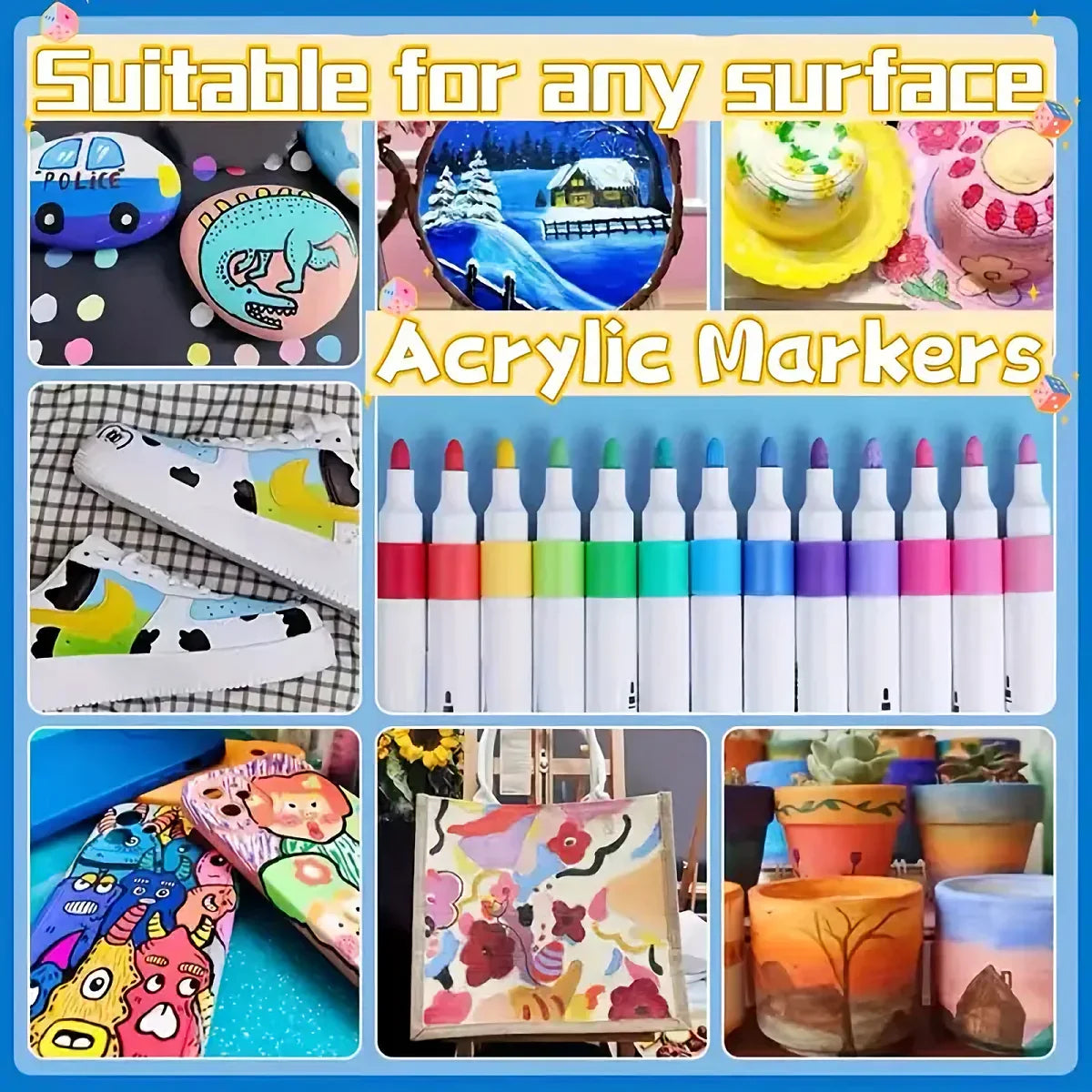 12pcs Acrylic Marker Pen Set - Soft Tip Paint Markers