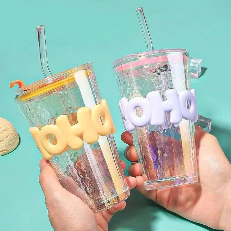 OHO Glass Tumbler with Straw – Cute Reusable Cup (Random color)