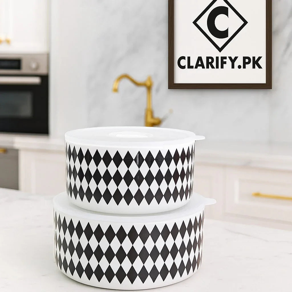 Diamond Pattern Ceramic Storage Bowl with Lid – Black & White