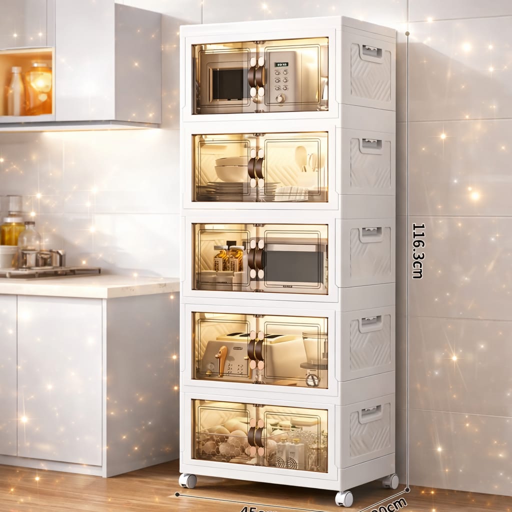 Modern Foldable Kitchen Storage Cabinet with Rolling Wheels