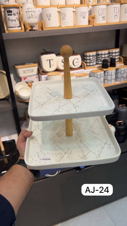 2-Tier White Marble Print Tray - Luxury Serving Stand