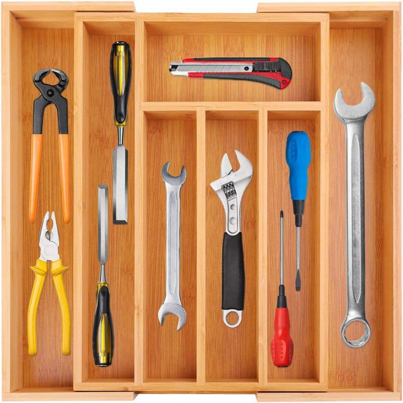 Bamboo Expandable Kitchen Drawer Organizer - 7-Slot Utensil Tray