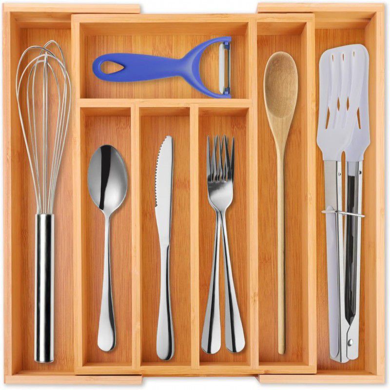 Bamboo Expandable Kitchen Drawer Organizer - 7-Slot Utensil Tray