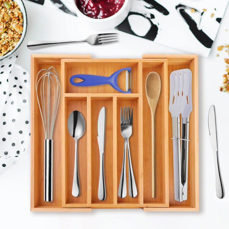Bamboo Expandable Kitchen Drawer Organizer - 7-Slot Utensil Tray
