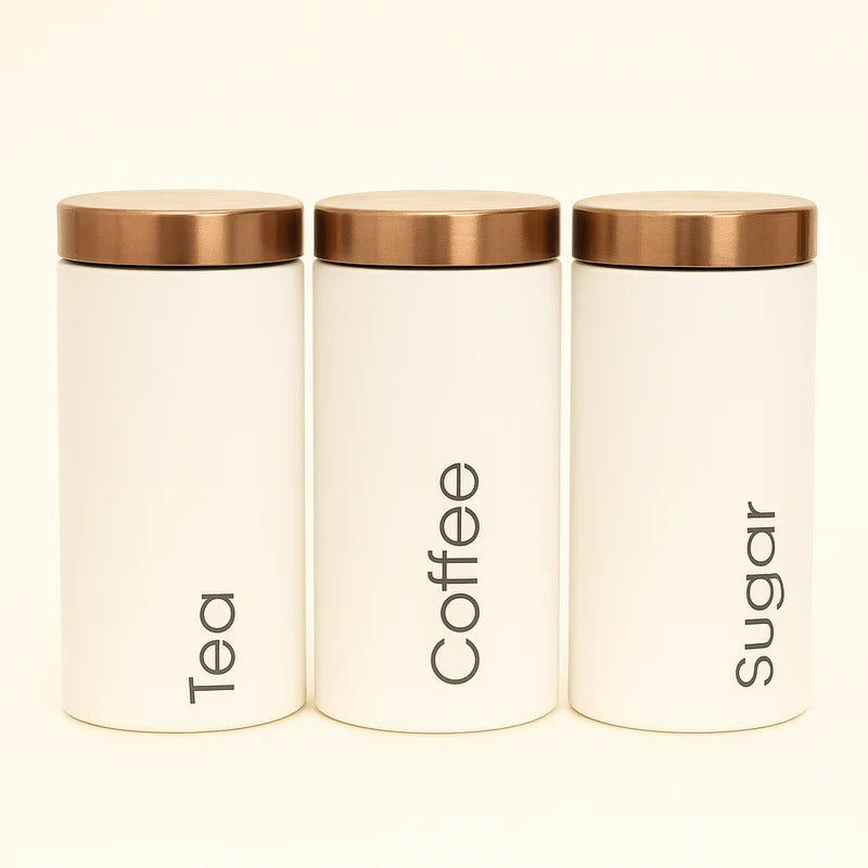 Matte White & Copper Kitchen Canister Set – 3 Pcs Tea, Coffee, Sugar Jar Set