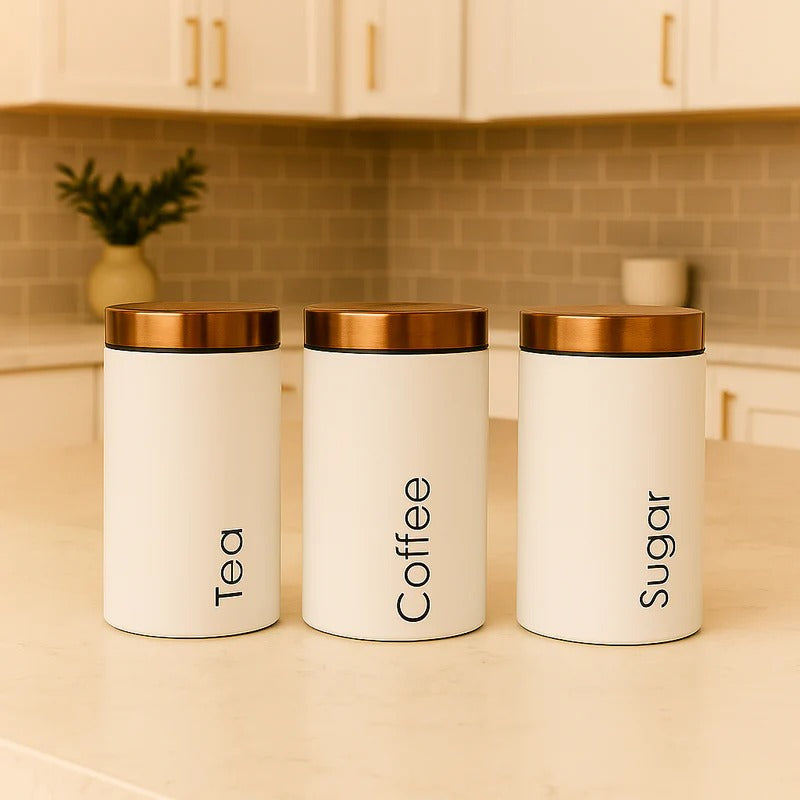 Matte White & Copper Kitchen Canister Set – 3 Pcs Tea, Coffee, Sugar Jar Set