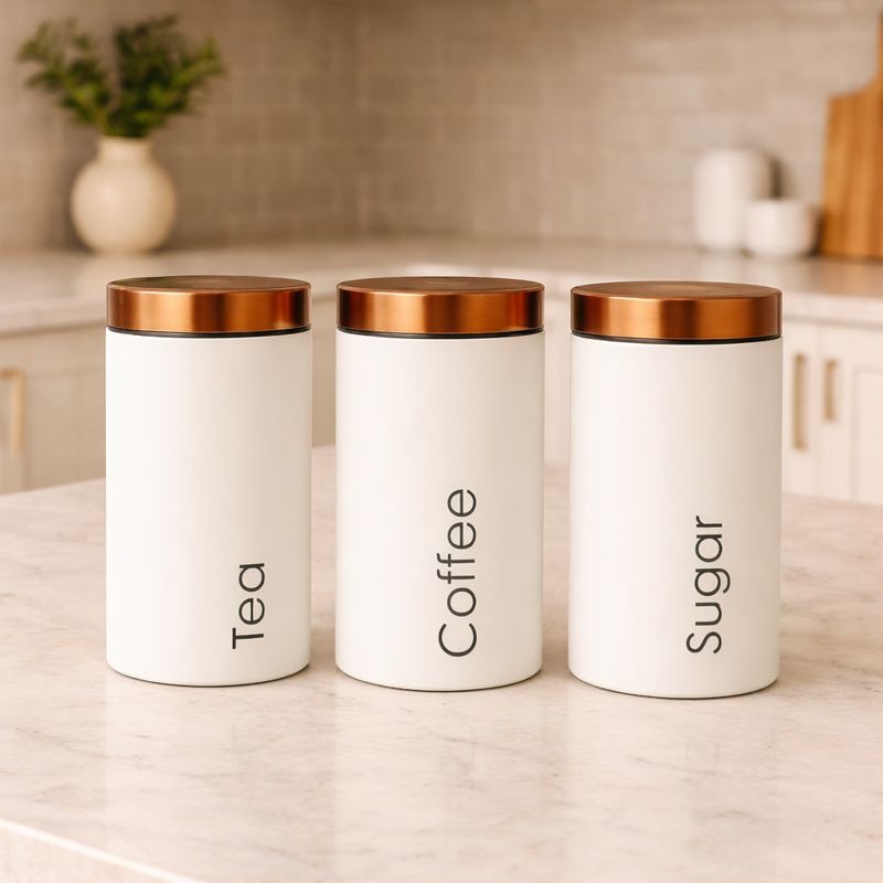 Matte White & Copper Kitchen Canister Set – 3 Pcs Tea, Coffee, Sugar Jar Set