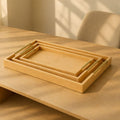 3-Pc Bamboo Serving Tray Set – Modern Rectangular Platters with Golden Handles