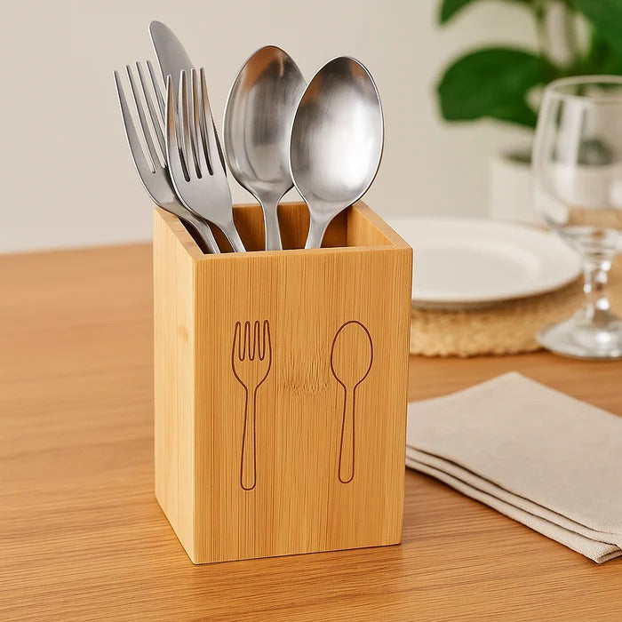 Natural Bamboo Utensil Organizer – Modern Square Cutlery Caddy