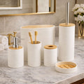 6-Pc Modern White Bathroom Set – Textured Accessory Collection with Bamboo Accents