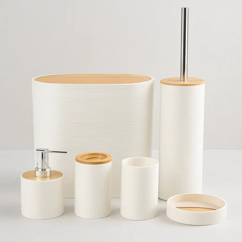 6-Pc Modern White Bathroom Set – Textured Accessory Collection with Bamboo Accents