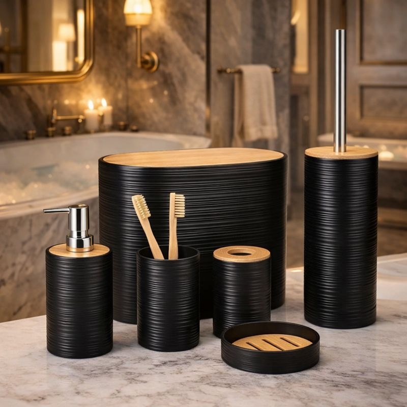 6 Pieces Modern Black Bathroom Set – Textured Accessory with Bamboo Accents