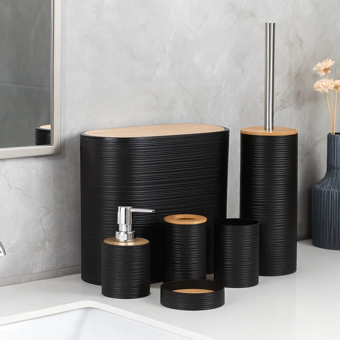 6 Pieces Modern Black Bathroom Set – Textured Accessory with Bamboo Accents