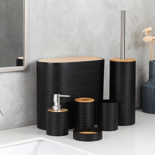 6 Pieces Modern Black Bathroom Set – Textured Accessory with Bamboo Accents