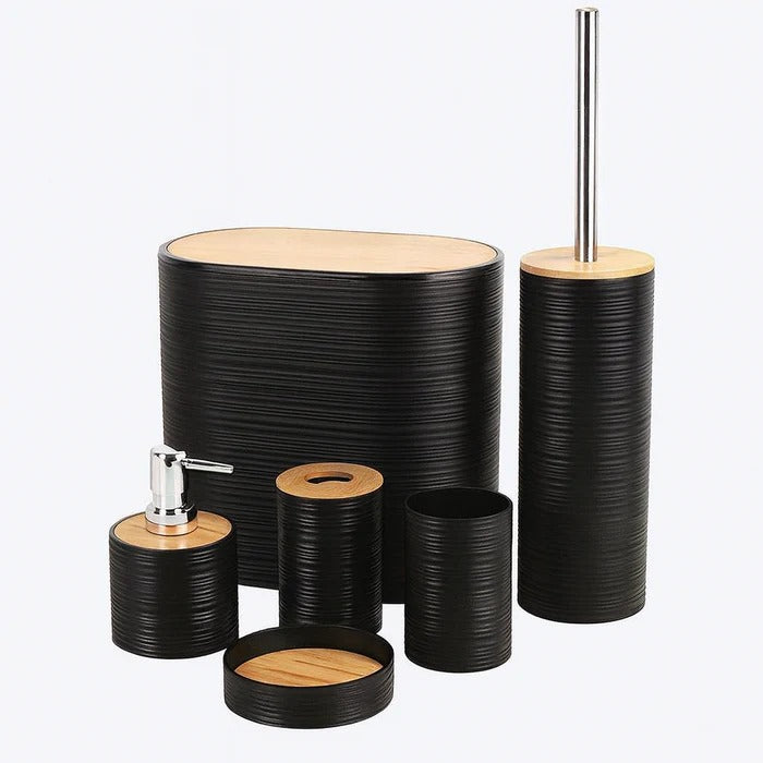 6 Pieces Modern Black Bathroom Set – Textured Accessory with Bamboo Accents