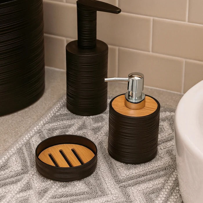 6 Pieces Modern Black Bathroom Set – Textured Accessory with Bamboo Accents