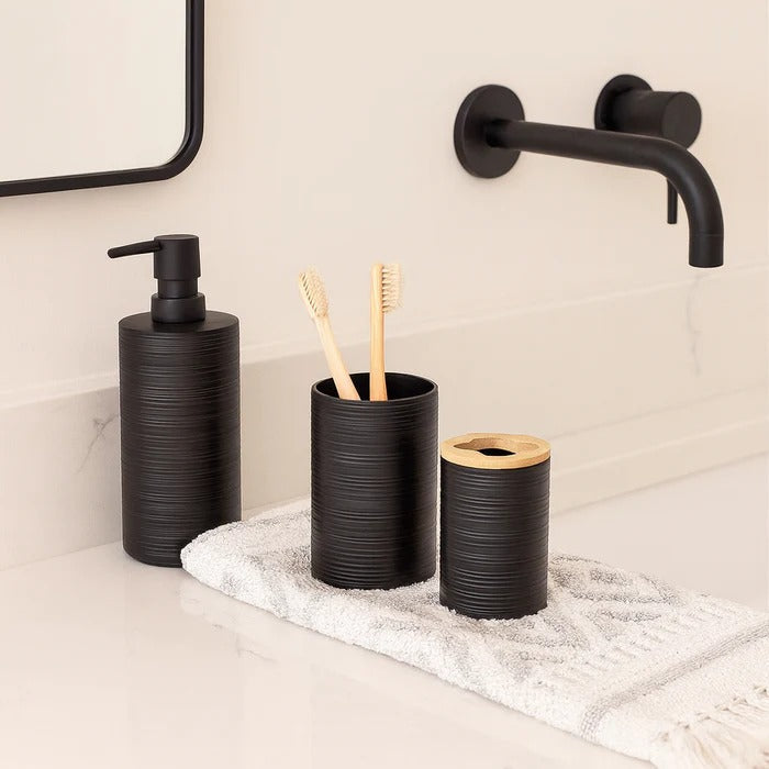 6 Pieces Modern Black Bathroom Set – Textured Accessory with Bamboo Accents