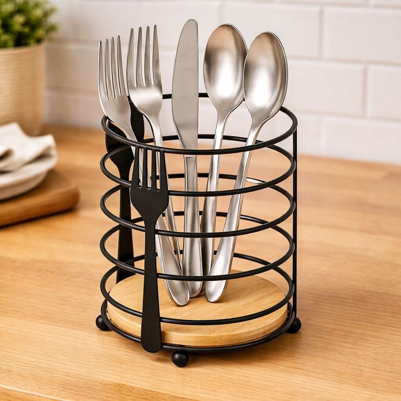 Modern Metallic & Oak Round Spoon Holder – Artisan Cutlery Organizer