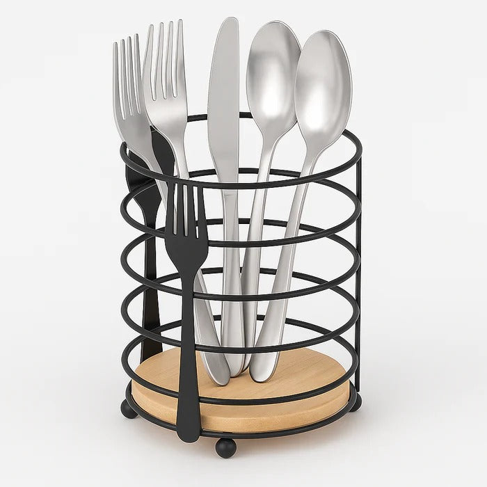 Modern Metallic & Oak Round Spoon Holder – Artisan Cutlery Organizer