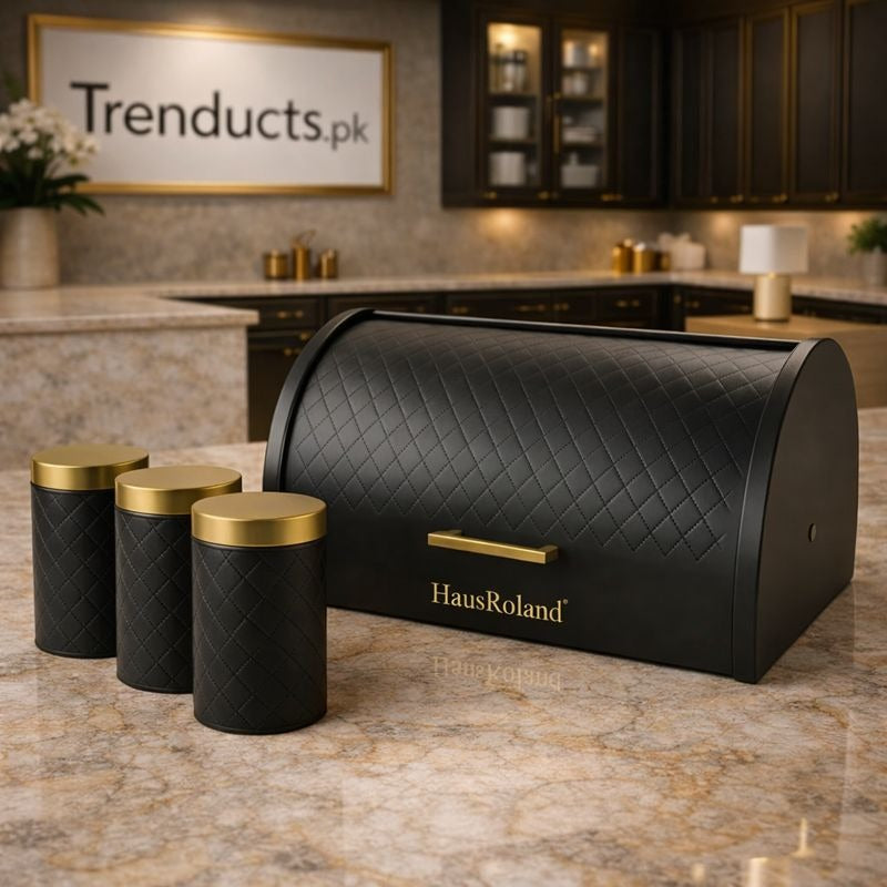 HausRoland Luxe Quilted Bread Bin & Canister Set – Black & Gold 4-Piece Set