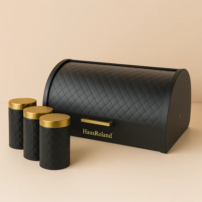HausRoland Luxe Quilted Bread Bin & Canister Set – Black & Gold 4-Piece Set