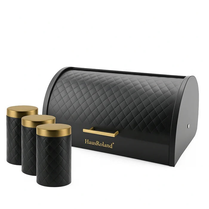 HausRoland Luxe Quilted Bread Bin & Canister Set – Black & Gold 4-Piece Set