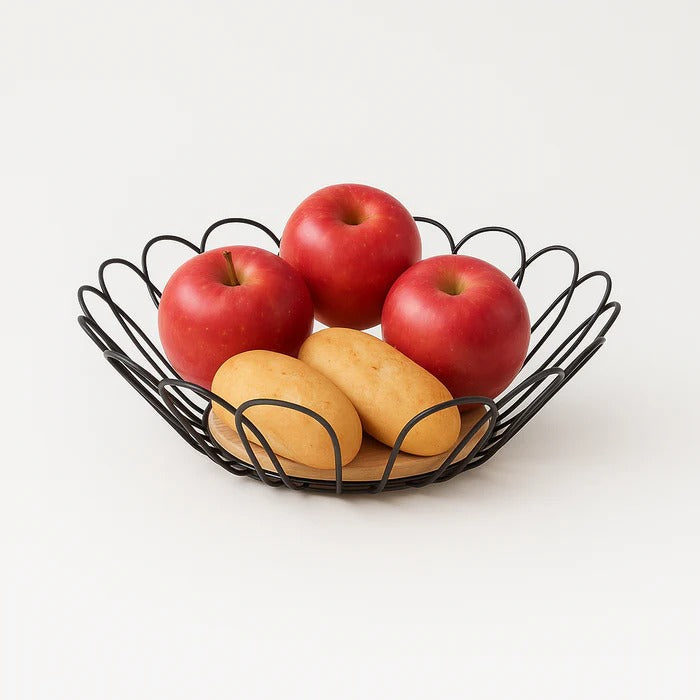 ModLeaf Metallic & Oak Fruit Basket – Artisan Leaf-Wire Centerpiece