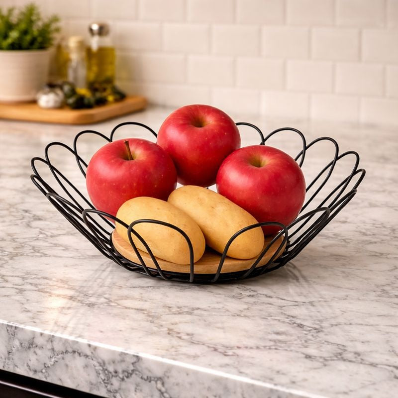 ModLeaf Metallic & Oak Fruit Basket – Artisan Leaf-Wire Centerpiece