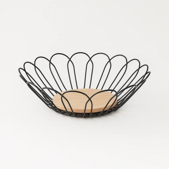 ModLeaf Metallic & Oak Fruit Basket – Artisan Leaf-Wire Centerpiece