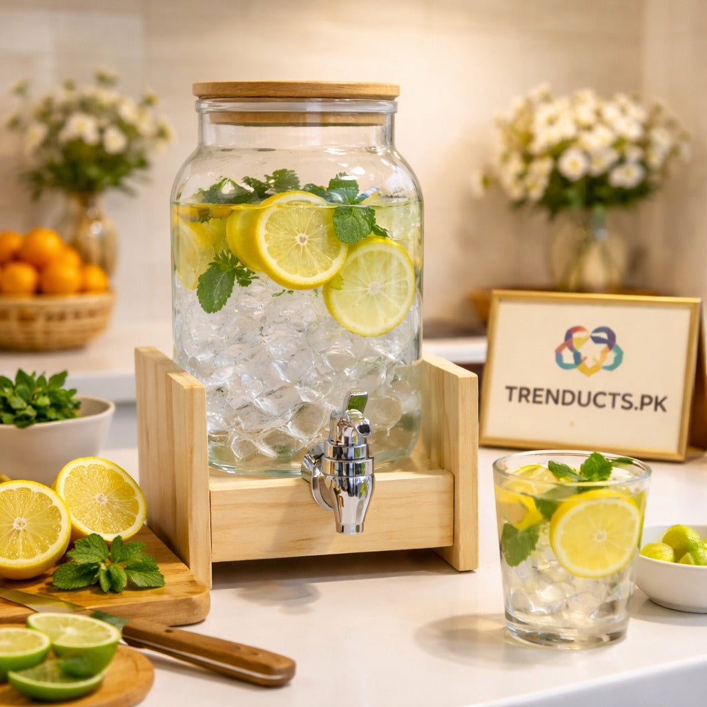 Single 2L Glass Juice Dispenser with Bamboo Frame