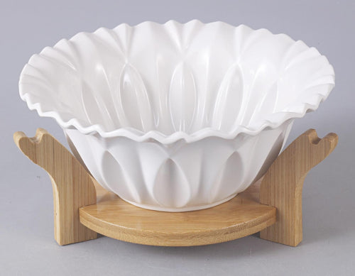 8-Inch Scalloped Ceramic Serving Bowl with Wooden Stand