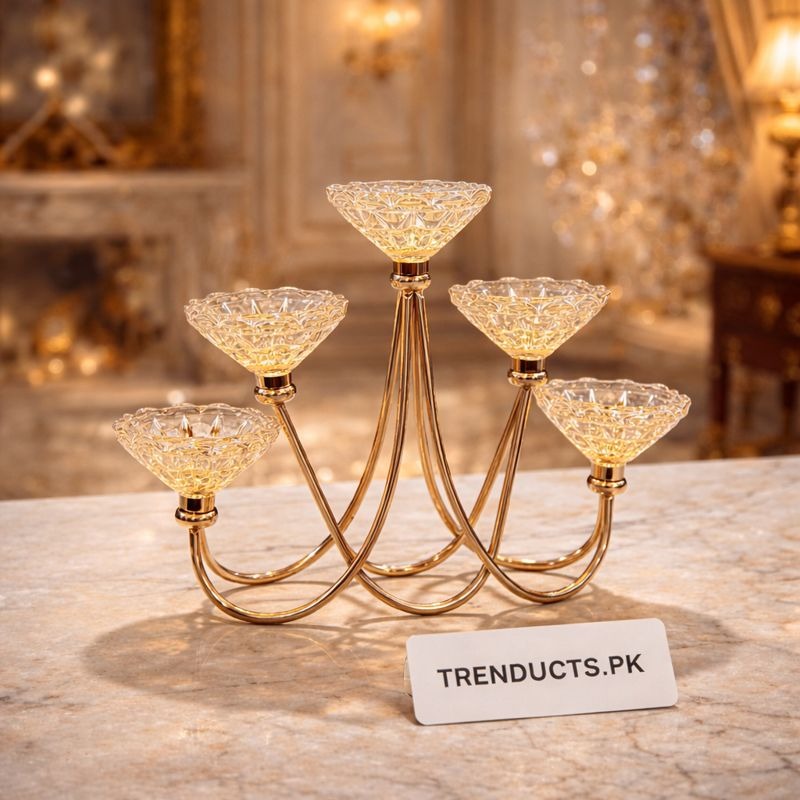 Regal Glow Crystal Candle Stand – Luxury 5-Arm