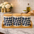 3Pc Classic Checkered Ceramic Jars – Tea, Coffee, and Sugar Canister Set with Bamboo Tray