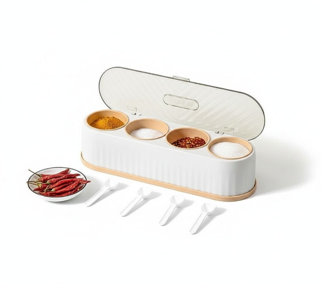 Wonder 4-Grid Large Masala Box - Bulk Spice Organizer with Spoons