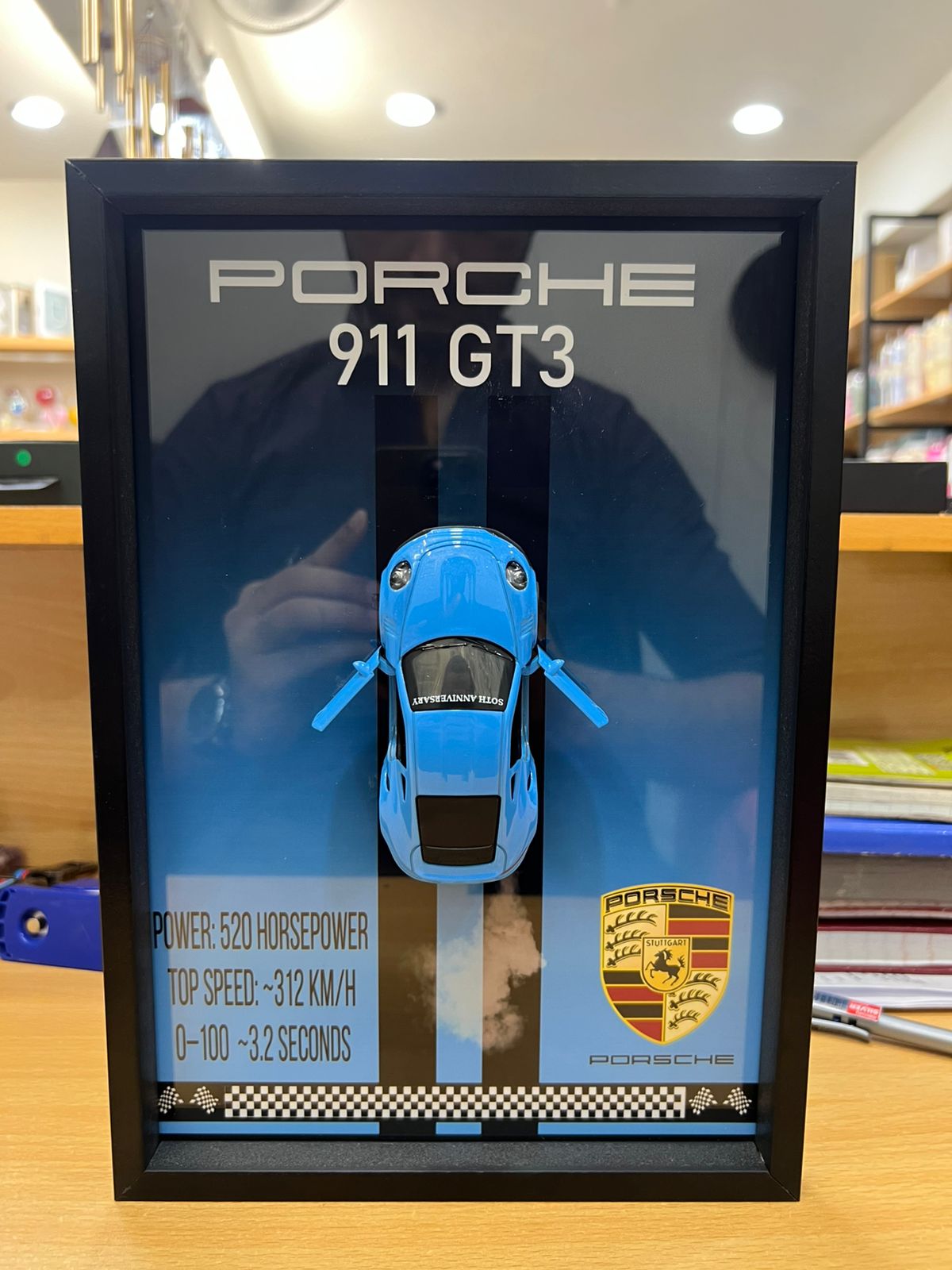 Porsche 911 GT3 3D Kinetic Metal Car Art Wooden Frame