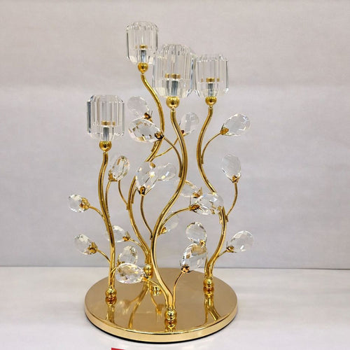 4-Cup Crystal & Gold Botanical Metal Candle Stand