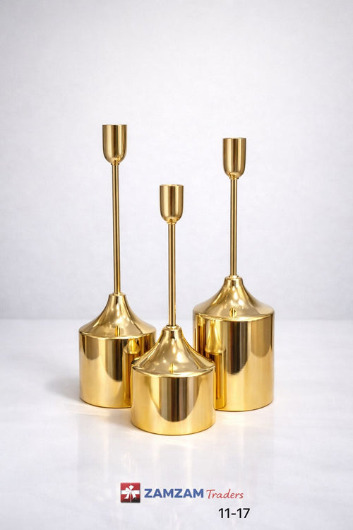 3-Piece Modern Chrome Golden Pillar Candle Stand Set
