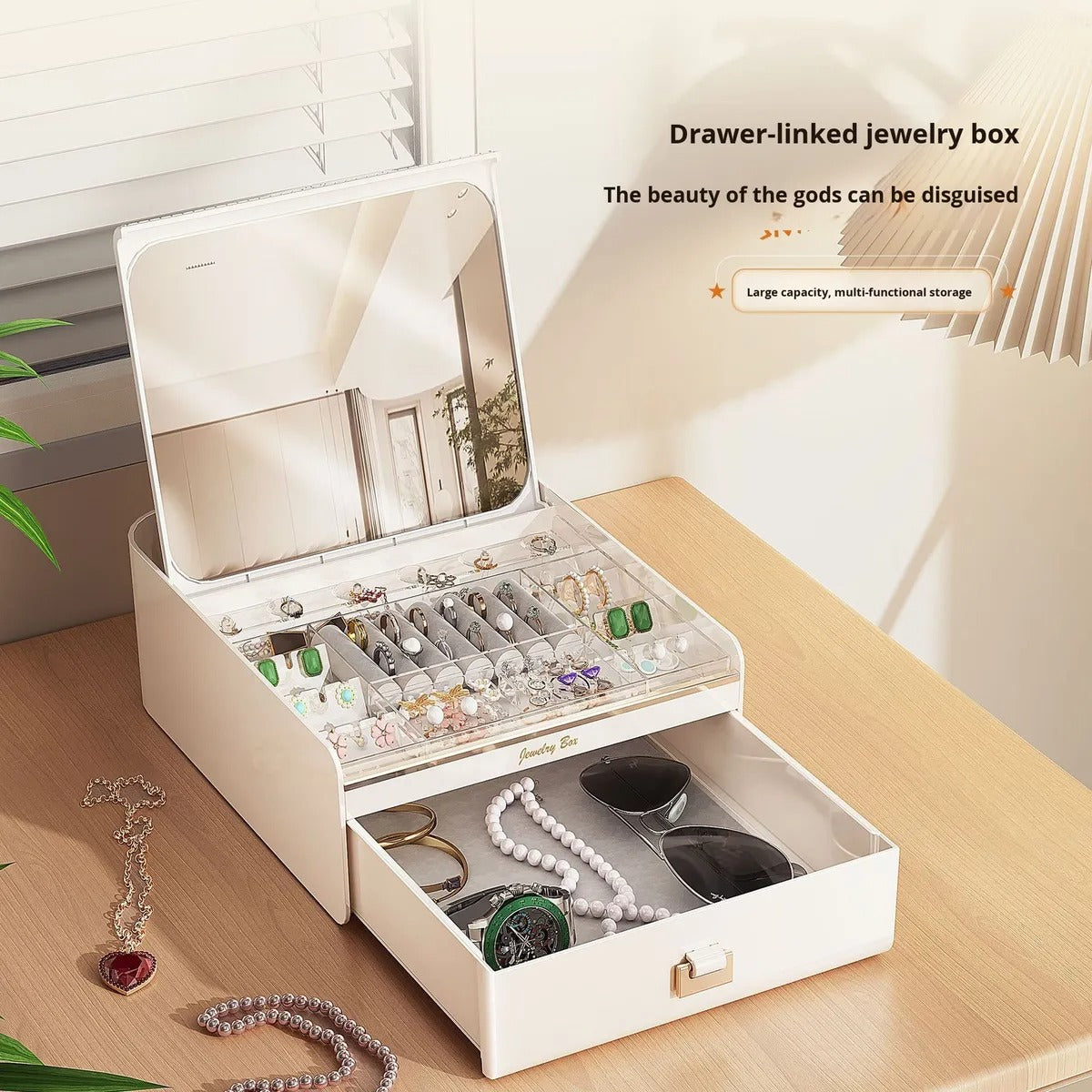 Premium Drawer-Linked Jewelry & Cosmetic Organizer with Integrated Mirror