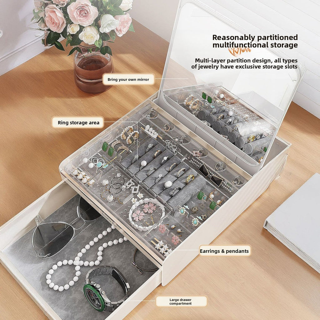 Premium Drawer-Linked Jewelry & Cosmetic Organizer with Integrated Mirror