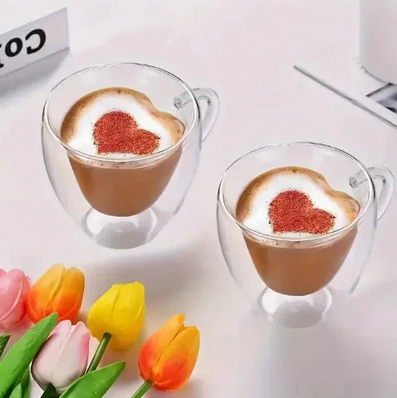 Heart-Shaped Double Wall Glass Mug – Elegant Coffee Cup