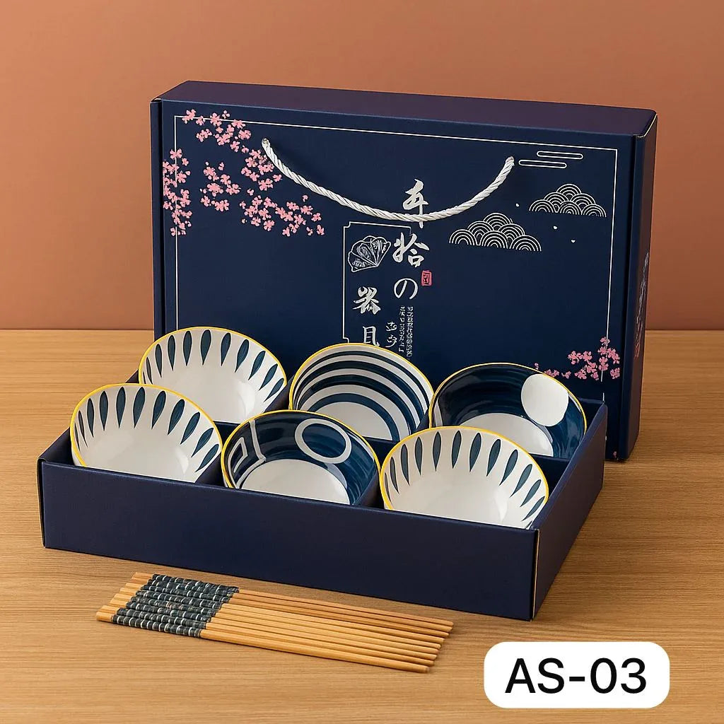 Japanese Ceramic Bowl Set of 6 with Chopsticks – Oriental Blue Blossom Print