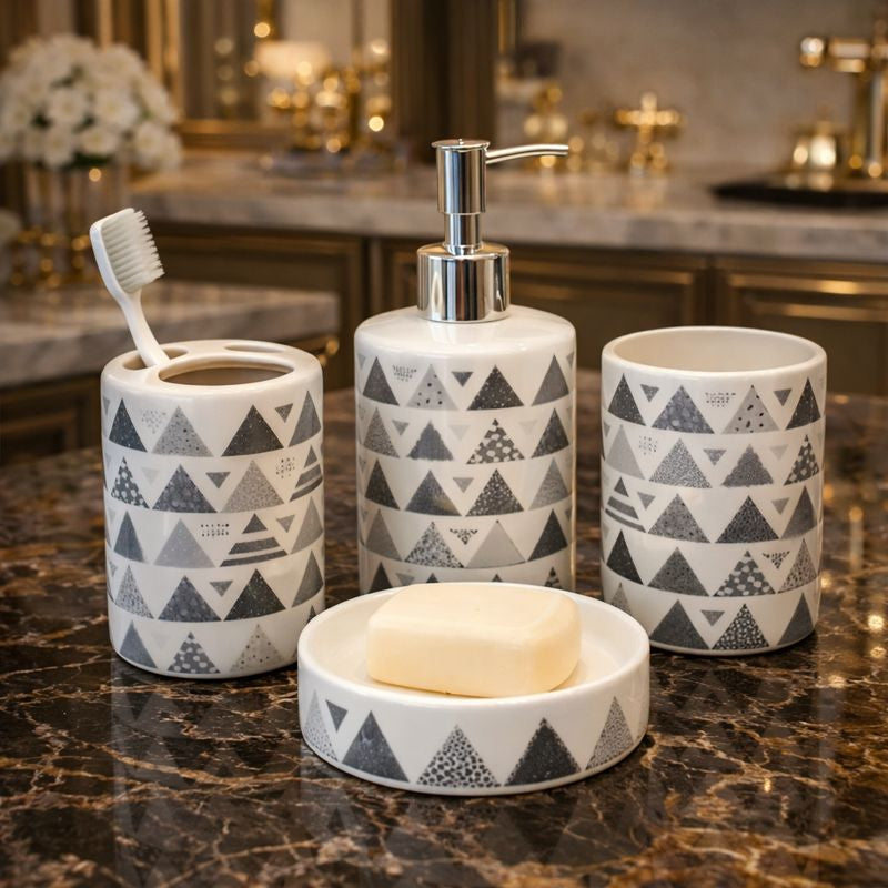 Modern 4-Piece Geometric Triangle Ceramic Bathroom Accessory Set