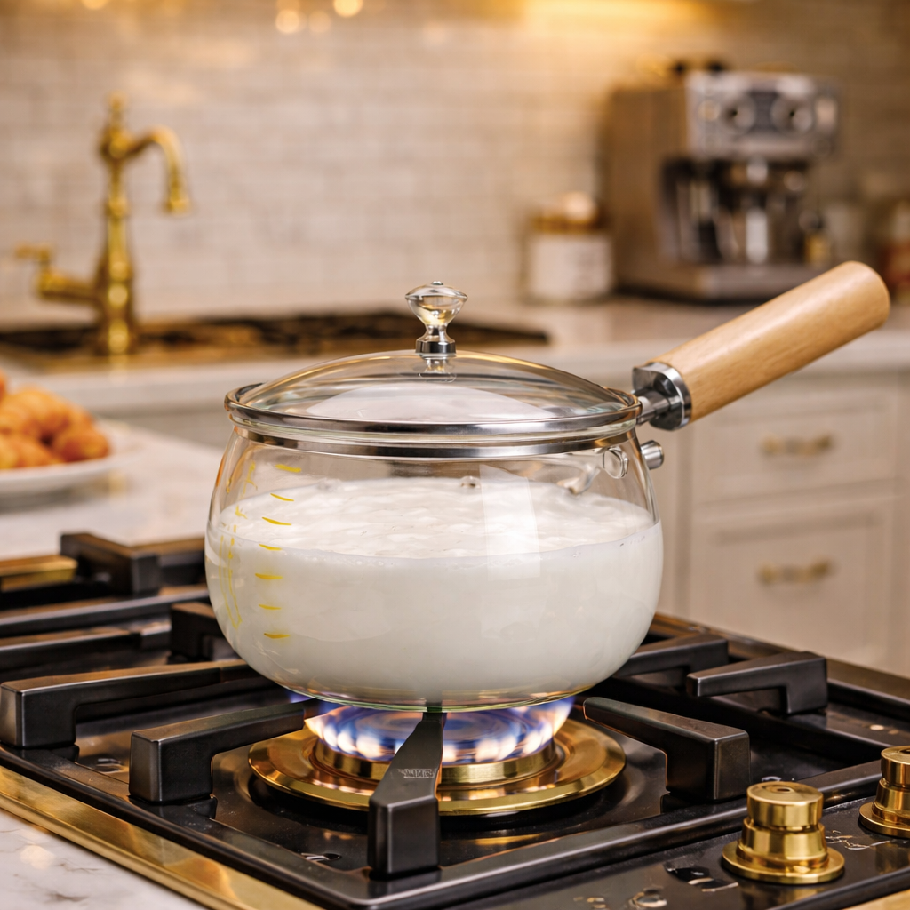 Luxury 800ML Glass Milk Pan with Wooden Handle
