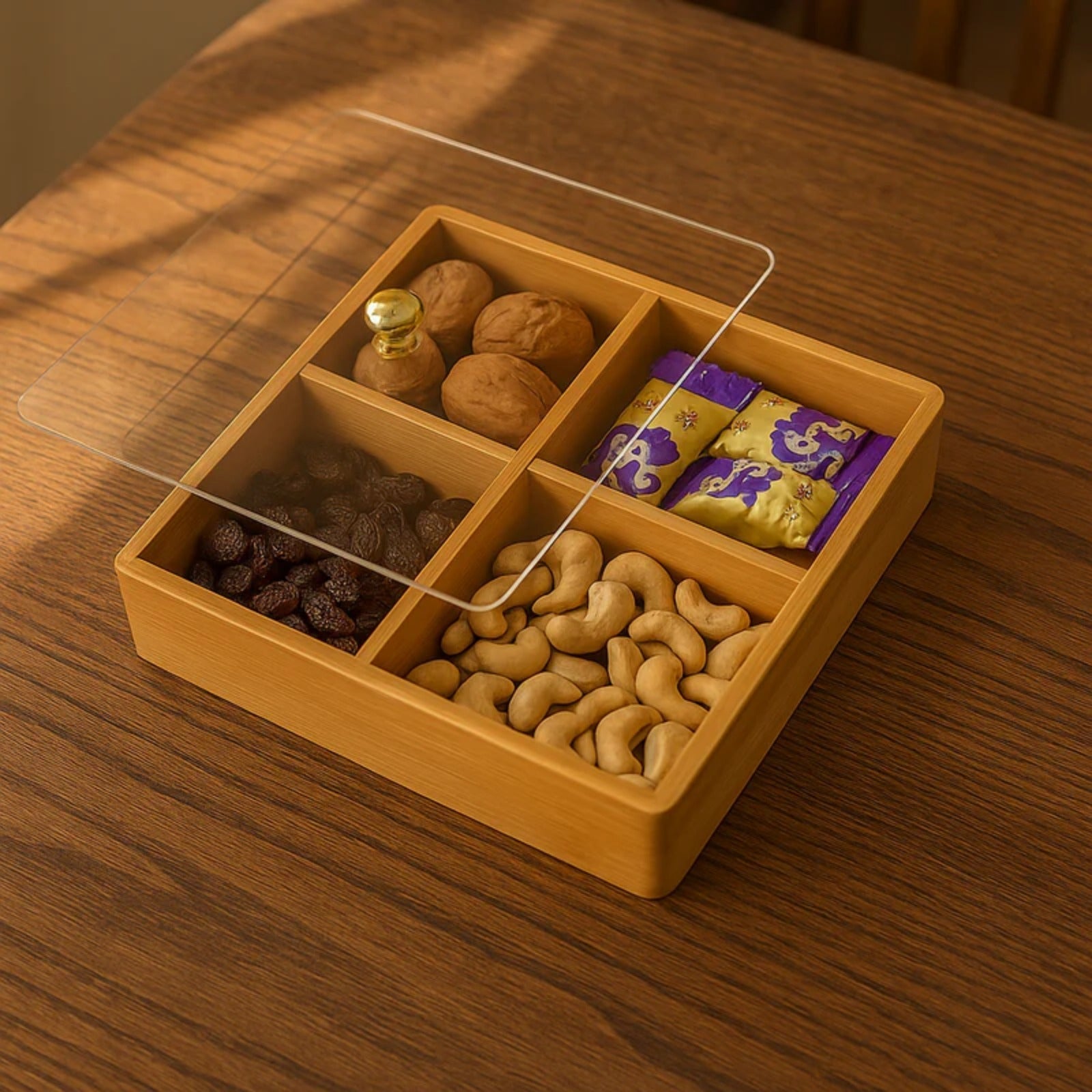 Luxury Bamboo Snack Storage Box – Multi-Compartment Organizer