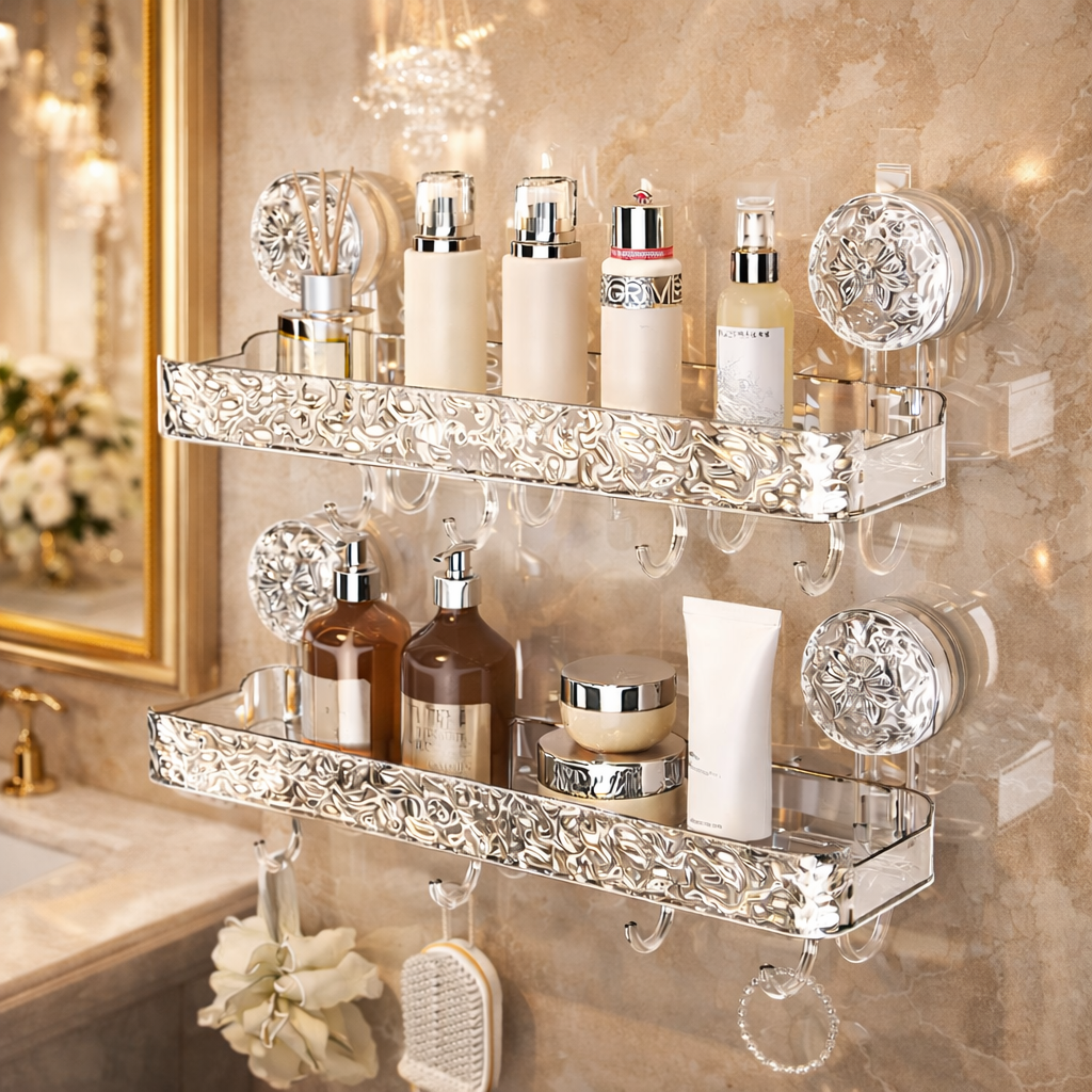 Suction Cup Shower Shelf With Hooks – Heavy-Duty Transparent Organizer