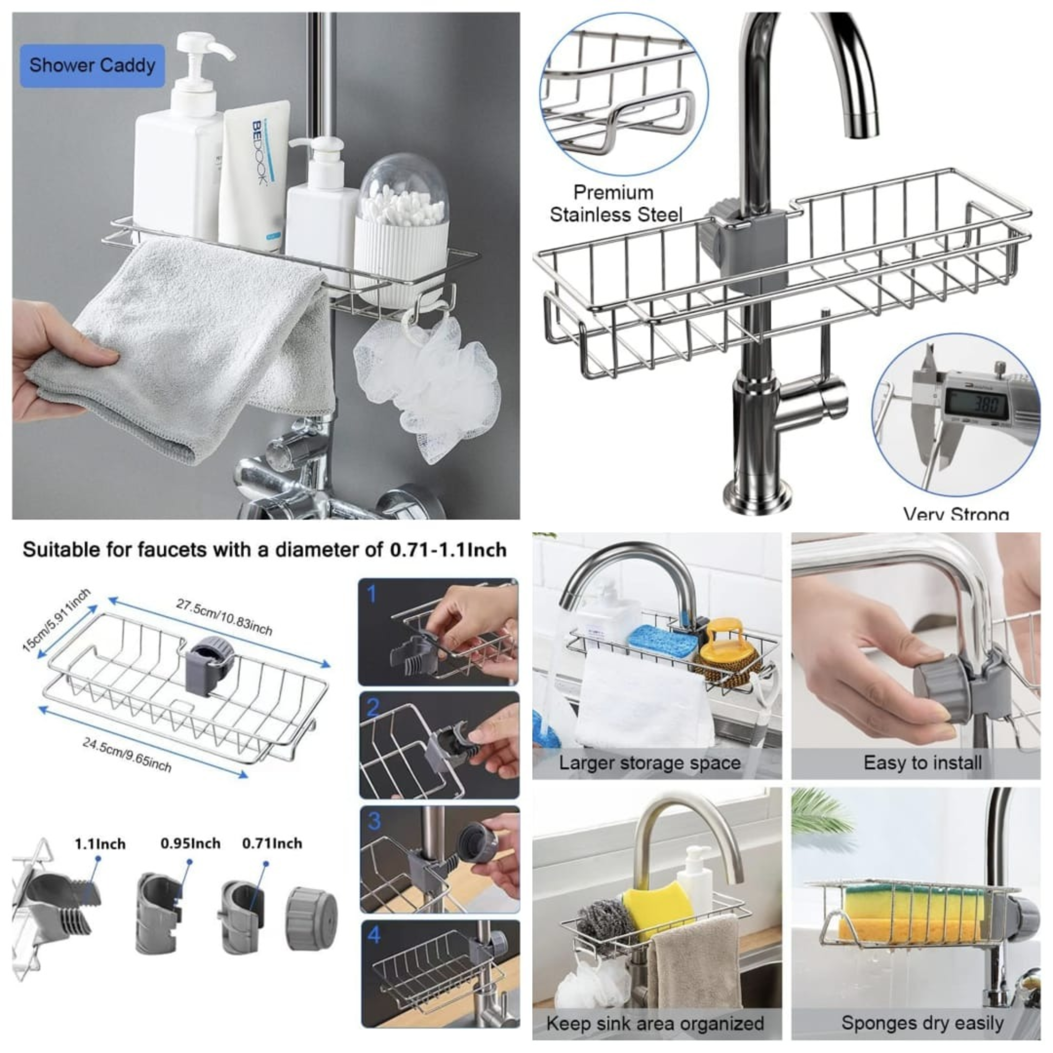 Premium Stainless Steel Faucet Rack - Adjustable Sink Organizer & Shower Caddy
