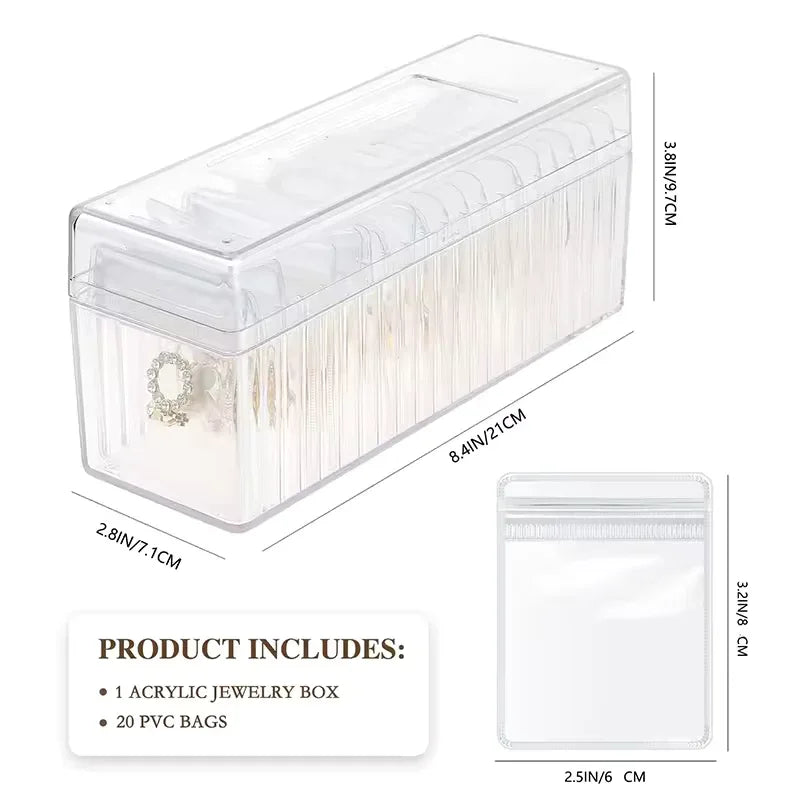 Clear Jewelry Organizer Box with 20 pvc Resealable Zip Bags - Compact Storage Case for Rings, Earrings, Necklaces &amp;  Small Accessories