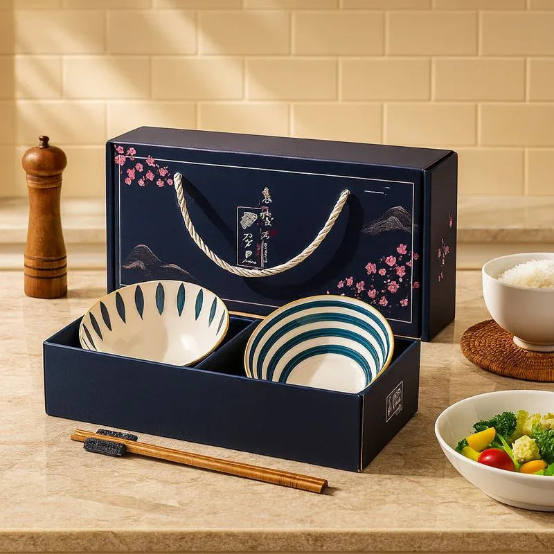 Japanese Ceramic Bowl Set of 2 with Chopsticks – Oriental Blue Blossom Print