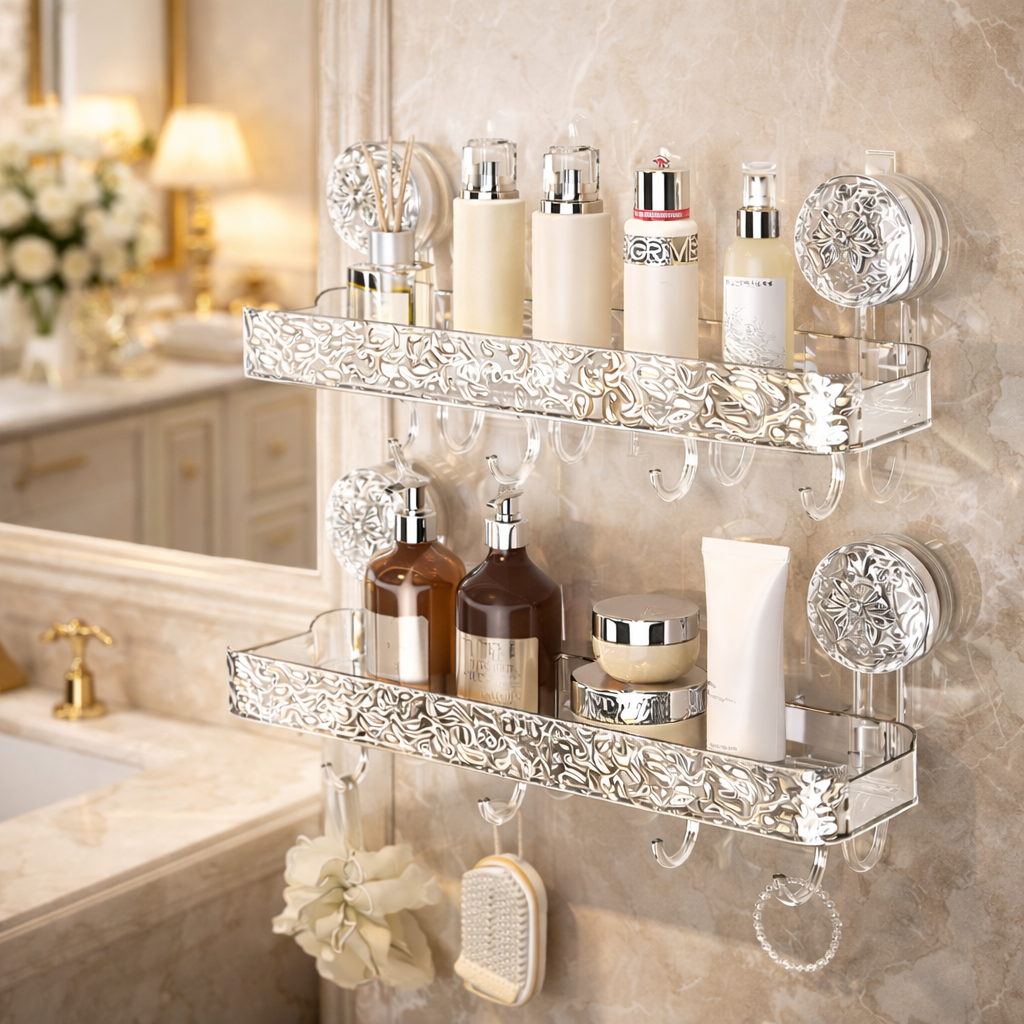 Suction Cup Shower Shelf With Hooks – Heavy-Duty Transparent Organizer